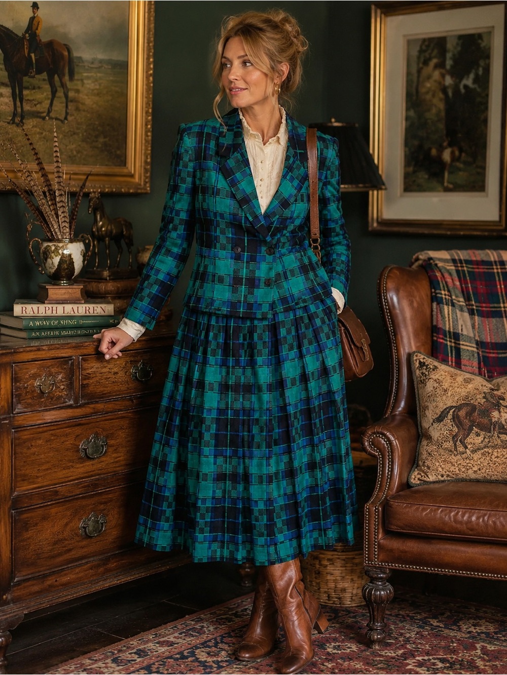 Vintage Louben Pure Virgin Wool Plaid 2 Piece Skirt Suit Blazer Midi L